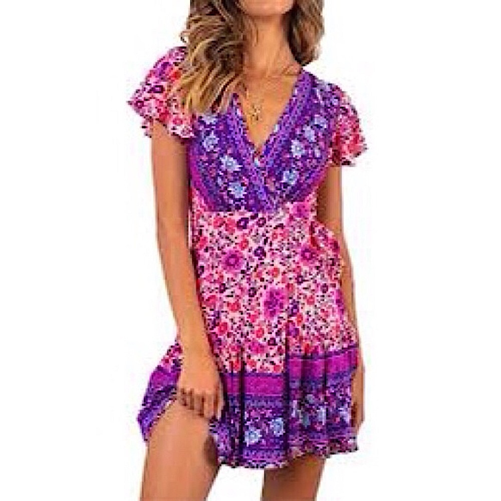 NWT pink/purple floral surplus dress, L (fits 4-8)
